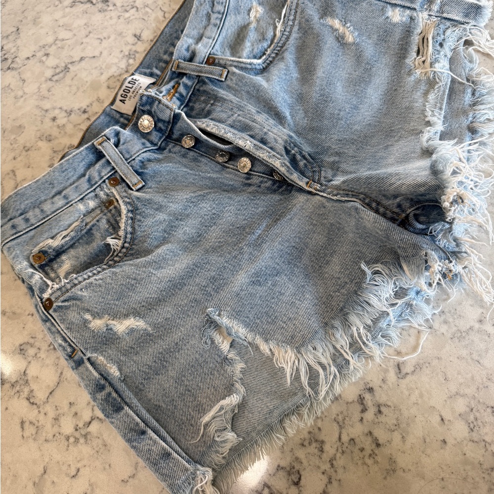 Agolde Light Blue Frayed Jean Shorts